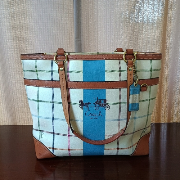Coach Handbags - Coach Heritage Blue Stripe Tattersal Zip Tote